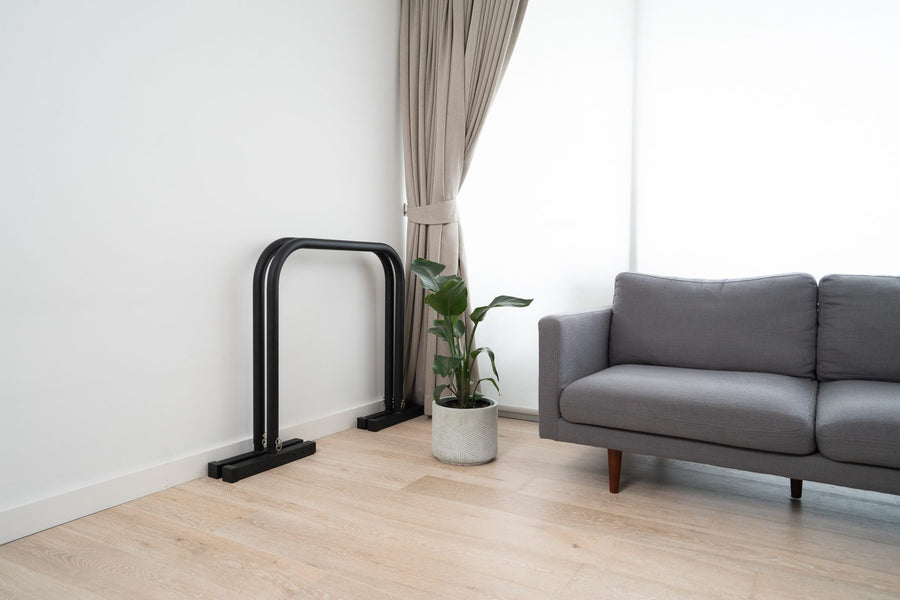 Compact BaseBlocks equipment beside a sofa